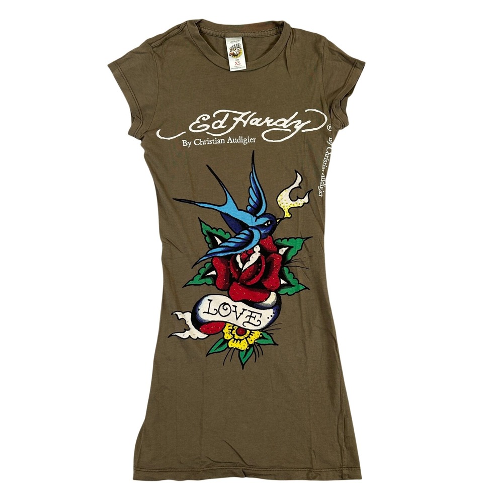 Ed Hardy Christian Audigier Rhinestone Love Rose Swallow T-Shirt Brown XS